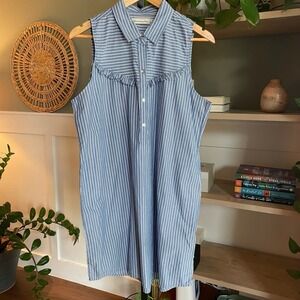 Abercrombie & Fitch Large Striped Ruffle Henley Sleeveless Tank Shirt Dress Blue